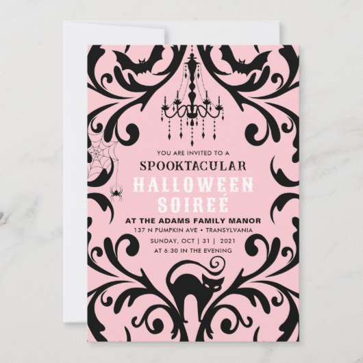 Pink und Black Damask Glam Halloween Soiree Einladung (Vorderseite)