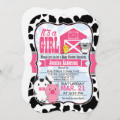 Pink und Black Farm Animal Cowgirl Babydusche Einladung (Vorne/Hinten)
