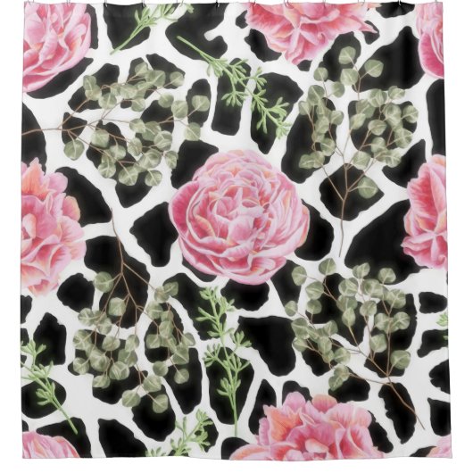 Pink und Black Giraffe Muster und Blume Duschvorhang (Vorderseite)