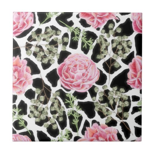 Pink und Black Giraffe Muster und Blume Fliese (Vorderseite)