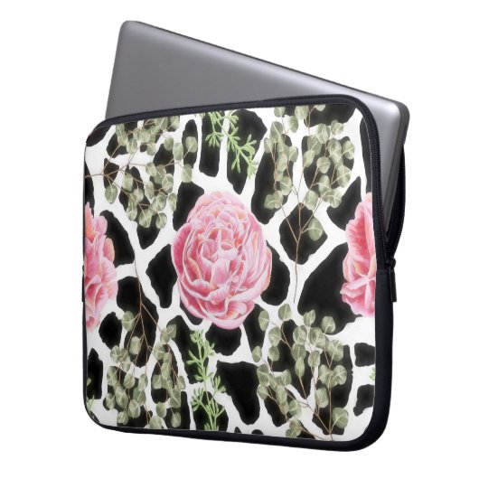 Pink und Black Giraffe Muster und Blume Laptopschutzhülle (Vorderseite Links)