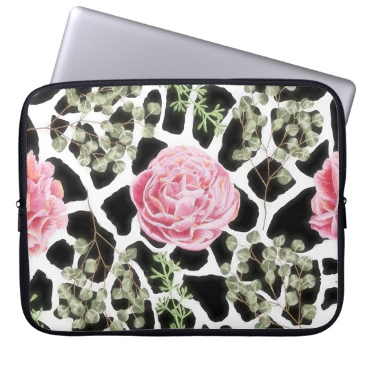 Pink und Black Giraffe Muster und Blume Laptopschutzhülle (Vorderseite)