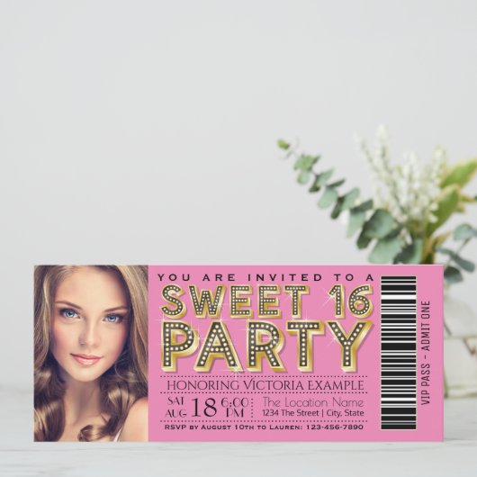 Pink und Black Hollywood Glam Sweet 16 Ticket Einladung (Stehend Vorderseite)