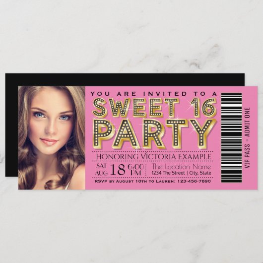 Pink und Black Hollywood Glam Sweet 16 Ticket Einladung (Vorne/Hinten)
