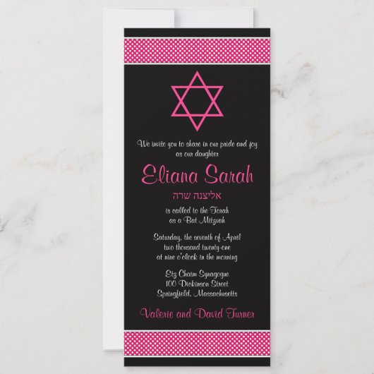 Pink und Black Polka Dots Bat Mitzvah Einladung (Vorderseite)