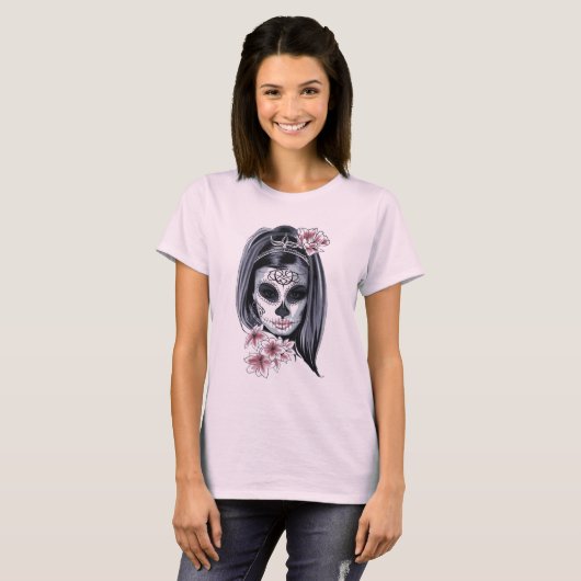 Pink und Black Sugar Skull Hippie Girl T-Shirt (Vorne ganz)