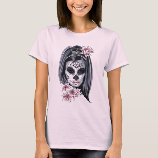 Pink und Black Sugar Skull Hippie Girl T-Shirt (Vorderseite)