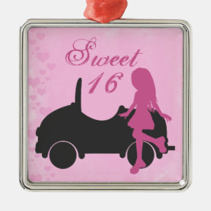 Pink und Black Sweet 16 Silhouetten Mädchen und Au Ornament Aus Metall