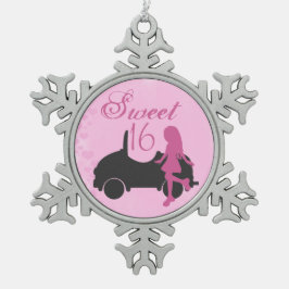 Pink und Black Sweet 16 Silhouetten Mädchen und Au Schneeflocken Zinn-Ornament