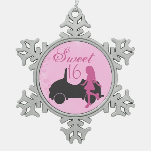 Pink und Black Sweet 16 Silhouetten Mädchen und Au Schneeflocken Zinn-Ornament (Vorderseite)
