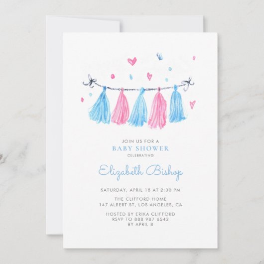 Pink und blau Wasserfarbtassels Babydusche Einladung (Vorderseite)