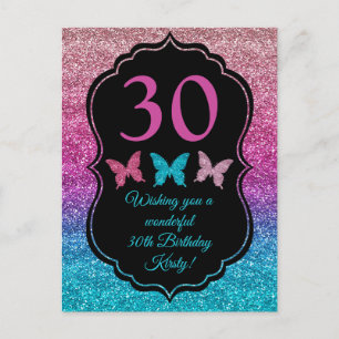 Pink- und Blaugradient Glitter- und Schmetterlings Postkarte