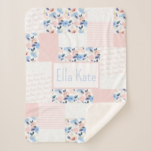 Pink und Blue Baby Watercolor Kinder Blume Quilt Sherpadecke (Vorderseite)