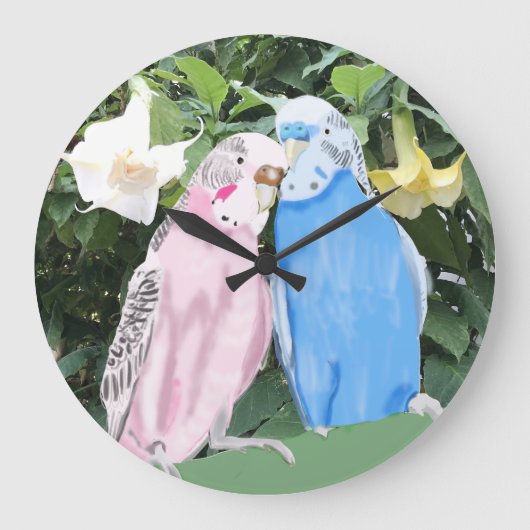 Pink und Blue Budgerigar und White Angel Trumps Große Wanduhr (Vorderseite)