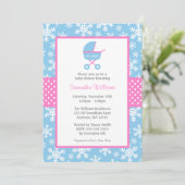Pink und Blue Carriage Snowflakes Babydusche Einladung (Stehend Vorderseite)