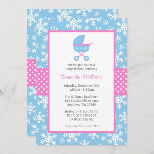 Pink und Blue Carriage Snowflakes Babydusche Einladung (Vorne/Hinten)