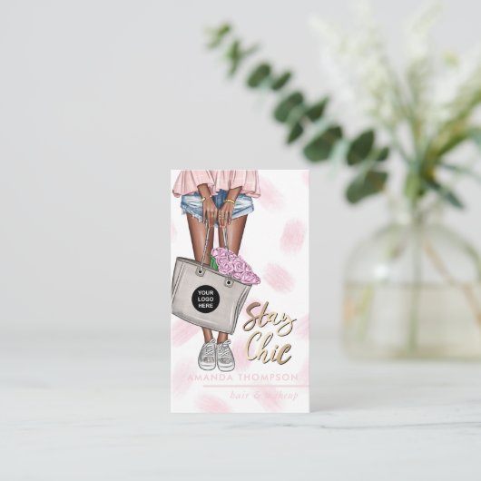 Pink und Blue Denim floral Busine Visitenkarte (Stehend Vorderseite)