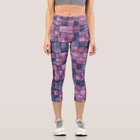 Pink und Blue Denim Patchwork mit benutzerdefinier Capri Leggings (Vorderseite)