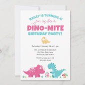 Pink und Blue Dinosaurier Geburtstagsparty Einladung (Vorderseite)