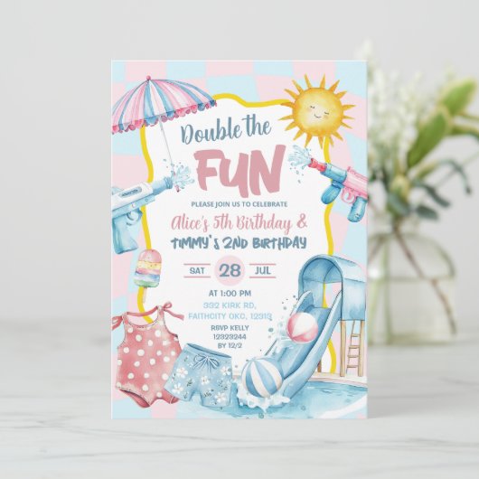 Pink und Blue Groovy Pastellfarben Schwimmbad Gebu Einladung (Stehend Vorderseite)