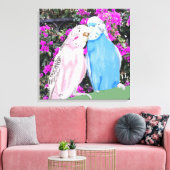 Pink und Blue Kissing Budgies und Bougainvillea Leinwanddruck (Insitu (Wohnzimmer))