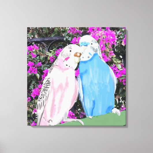 Pink und Blue Kissing Budgies und Bougainvillea Leinwanddruck (Vorderseite)