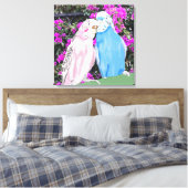 Pink und Blue Kissing Budgies und Bougainvillea Leinwanddruck (Insitu (Schlafzimmer))