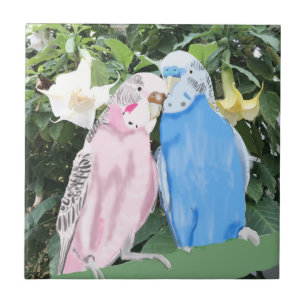 Pink und Blue Kissing Budgies und Engel Trumpets Fliese