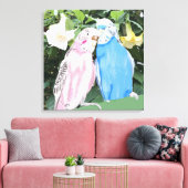 Pink und Blue Kissing Budgies und Engel Trumpets Leinwanddruck (Insitu (Wohnzimmer))