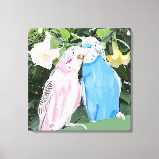 Pink und Blue Kissing Budgies und Engel Trumpets Leinwanddruck (Vorderseite)