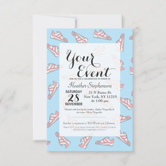 Pink und Blue Niedlich Sneakers Muster Einladung (Vorderseite)