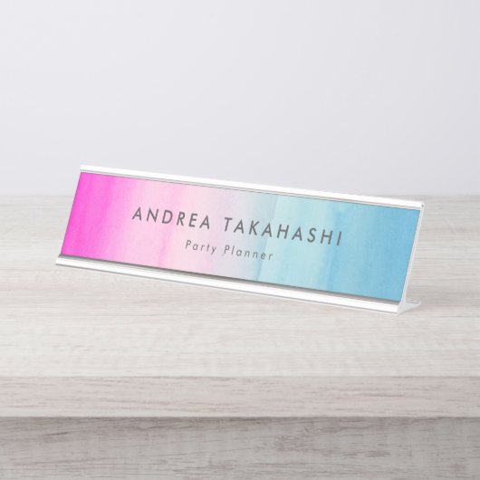 Pink und Blue Ombre Wasserfarbe | Name hinzufügen Schreibtischnamensplakette (Vorderseite )