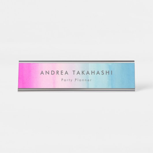 Pink und Blue Ombre Wasserfarbe | Name hinzufügen Schreibtischnamensplakette (Vorderseite )