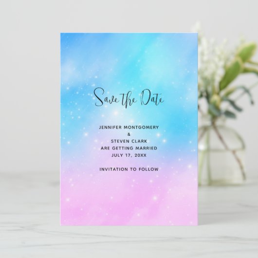 Pink und Blue Pastel Gradient Sky Wedding Save The Date (Stehend Vorderseite)