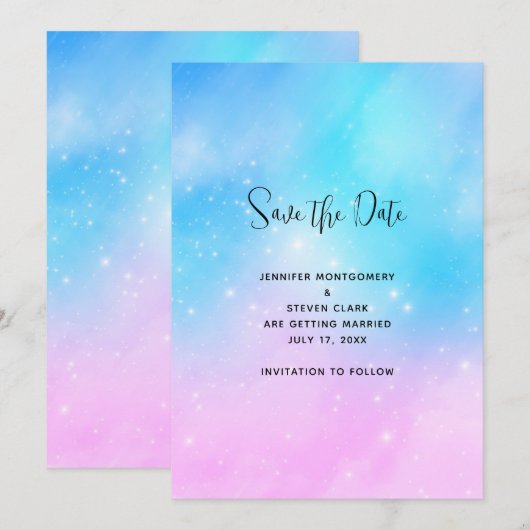 Pink und Blue Pastel Gradient Sky Wedding Save The Date (Vorne/Hinten)