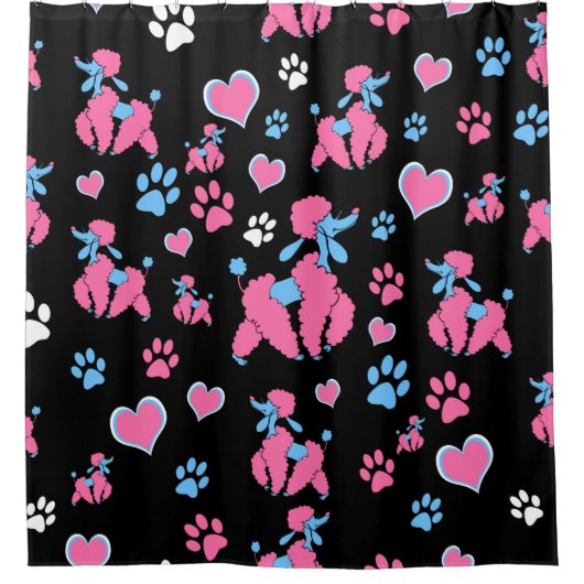 Pink und Blue Poodle Muster auf schwarzem Hintergr Duschvorhang (Vorderseite)