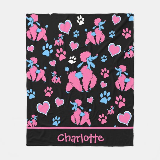 Pink und Blue Poodle Muster auf schwarzem Hintergr Fleecedecke (Vorderseite)