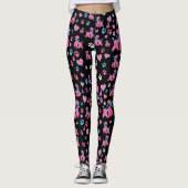 Pink und Blue Poodle Muster auf schwarzem Hintergr Leggings (Vorderseite)