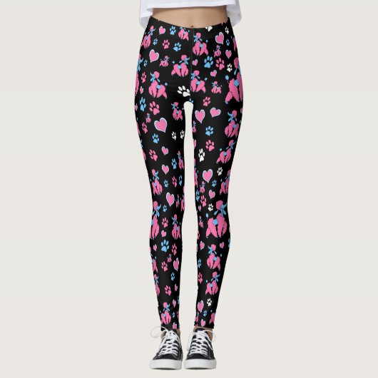 Pink und Blue Poodle Muster auf schwarzem Hintergr Leggings (Vorderseite)
