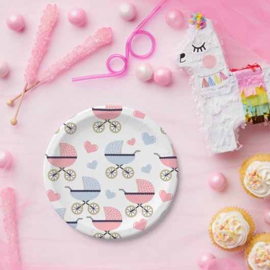 Pink und Blue Pram Muster Kinderdusche Pappteller (Party)