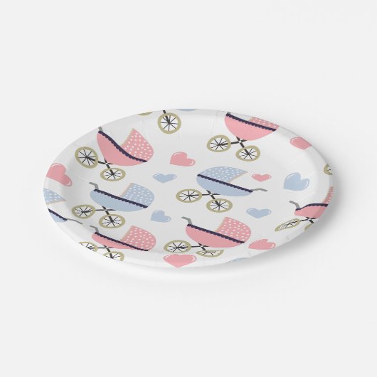 Pink und Blue Pram Muster Kinderdusche Pappteller (Schrägansicht)