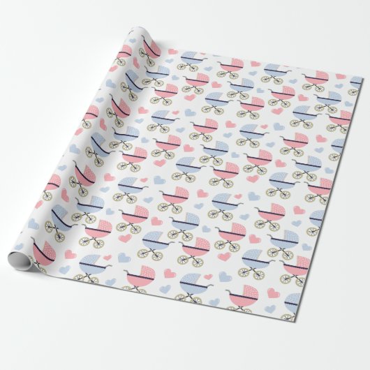 Pink und Blue Pram Pattern Babydusche Geschenkpapier (Ungerollt)