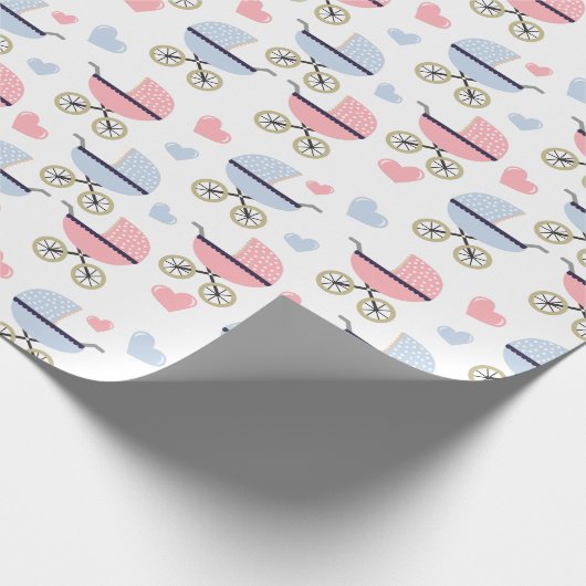 Pink und Blue Pram Pattern Babydusche Geschenkpapier (Ecke)