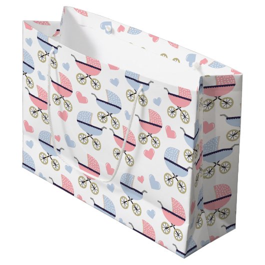 Pink und Blue Pram Pattern Babydusche Große Geschenktüte (Vorderseite Schrägansicht)