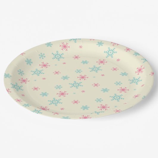 Pink und Blue Snowflake Muster Weihnachten Winter Pappteller (Schrägansicht)
