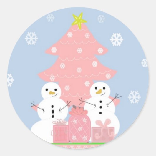 Pink und Blue Snowman Scene Runder Aufkleber (Vorderseite)