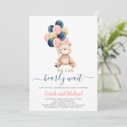 Pink und Blue Teddy Bear Baby Shower Gender Reveal Einladung (Stehend Vorderseite)