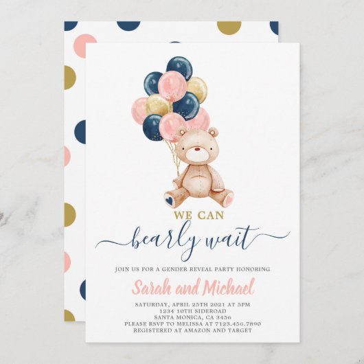 Pink und Blue Teddy Bear Baby Shower Gender Reveal Einladung (Vorne/Hinten)
