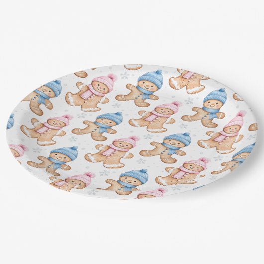 Pink und Blue Winter Gingerbread Gender Reveal Pappteller (Schrägansicht)
