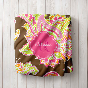 Pink und Brown Boho Paisley Mit Monogramm Fleecedecke